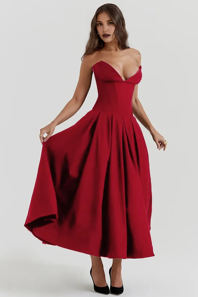 Robe Weitese à col en V profond, sans bretelles, sans manches, corset, coupe trapèze, plissée, mi-longue, robes de bal
